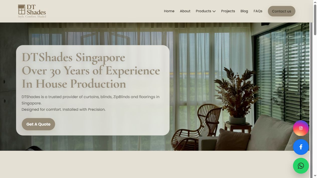 DTShades' live website, featuring curtains and blinds in a modern living room